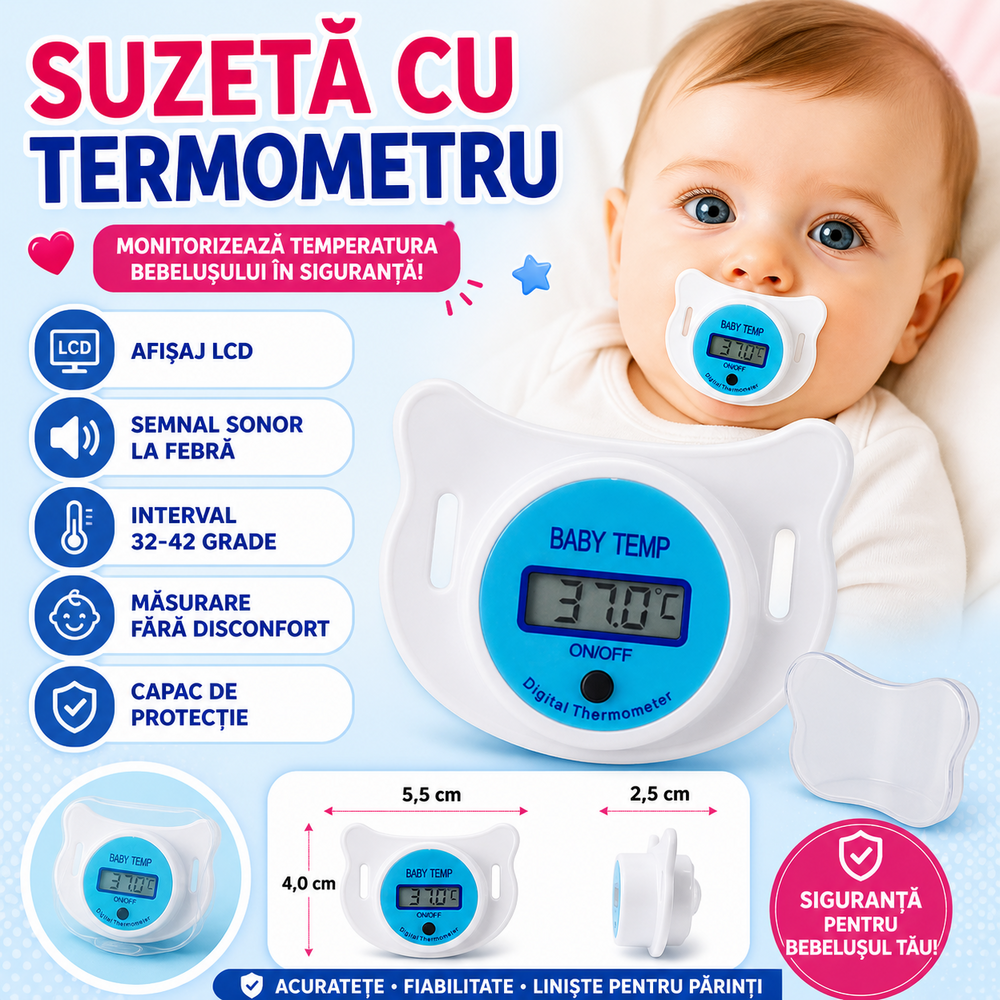 SMARTECH Suzeta cu termometru pentru bebelusi, cu protectie, Bleu