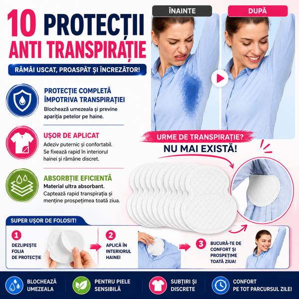 Tampoane Absorbante Anti Transpiratie pentru axila, autoadezive, Unisex, 10 Buc