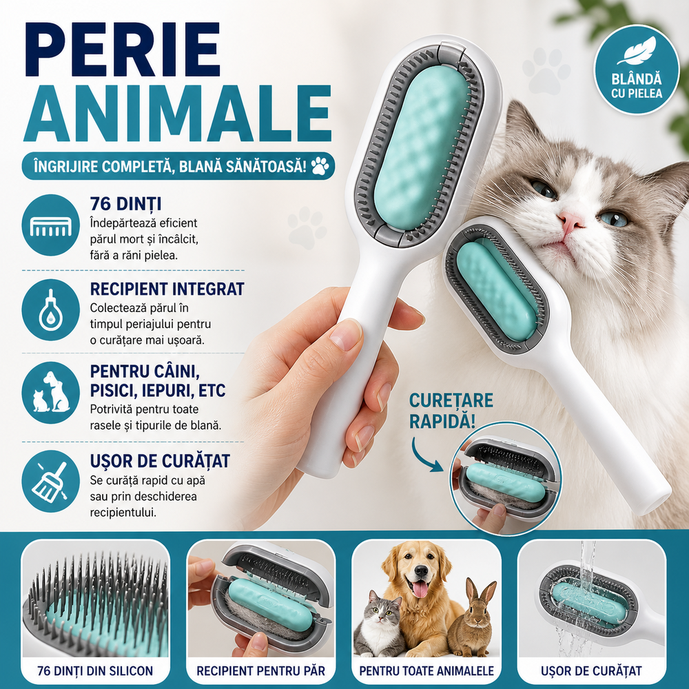 SMARTECH Perie pentru ingrijirea animalelor de companie, indepartarea parului cazut, cu baza de autocuratare, piepteni tari si rola lipicioasa pentru scame, Verde