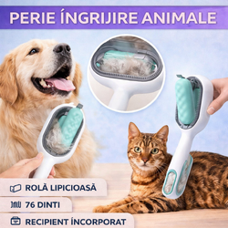 Perie pentru ingrijirea animalelor de companie, indepartarea parului cazut, cu baza de autocuratare, piepteni tari si rola lipicioasa pentru scame, Verde