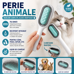 Perie pentru ingrijirea animalelor de companie, indepartarea parului cazut, cu baza de autocuratare, piepteni tari si rola lipicioasa pentru scame, Verde