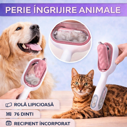 Perie pentru ingrijirea animalelor de companie, indepartarea parului cazut, cu baza de autocuratare, piepteni tari si rola lipicioasa pentru scame, Roz