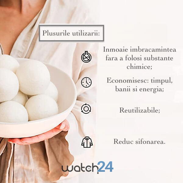 Set 6 Bile din Lana 100% pentru Uscator - Natural, Reutilizabil, Reduc Cutele de Imbracaminte, Economiseste Timpul de Uscare, Alternativa la Bilele de Plastic si Balsamul Lichid, Saculet Depozitare, Anti-electrizare, 5 cm, Alb