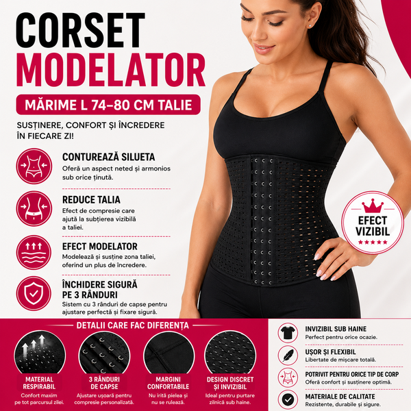 Corset modelator talie si abdomen, Lenjerie modelatoare, cu inchidere pe 3 randuri, Marime L 74-80 Cm Talie