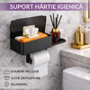 Suport pentru hartie igienica, cu etajera si cutie depozitare, Aluminiu, Negru