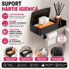 Suport pentru hartie igienica, cu etajera si cutie depozitare, Aluminiu, Negru
