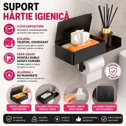 Suport pentru hartie igienica, cu etajera si cutie depozitare, Aluminiu, Negru