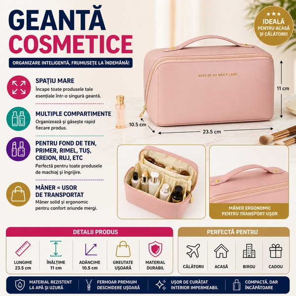 Geanta cosmetice si parfumuri, cu maner, ideal geanta bagaj, Roz