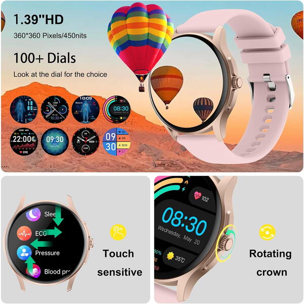 SmartWatch cu EKG, Variabilitatea Ritmului Cardiac, Tensiune arteriala, Nivel Oxigen, Apel Bluetooth, Nivel stres, Ciclu menstrual, Afisare vreme, Calculator S673
