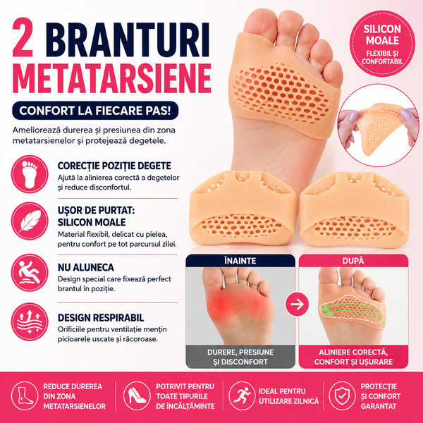 Set 2 Branturi Pentru Metatarsiene, Separator Corectie Pozitie Degete Picior, Respirabil, Reutilizabil, Impotriva alunecarii, Reducerea socurilor, Silicon, Culoarea pielii