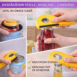 Desfacator multifunctional pentru conserve/sticle/borcane, ABS/Cauciuc, Galben