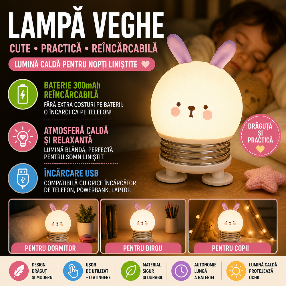 SMARTECH Lampa de noapte, de veghe, pentru copii sau bebelusi, Portabila, Baterie 300mAh, Alb