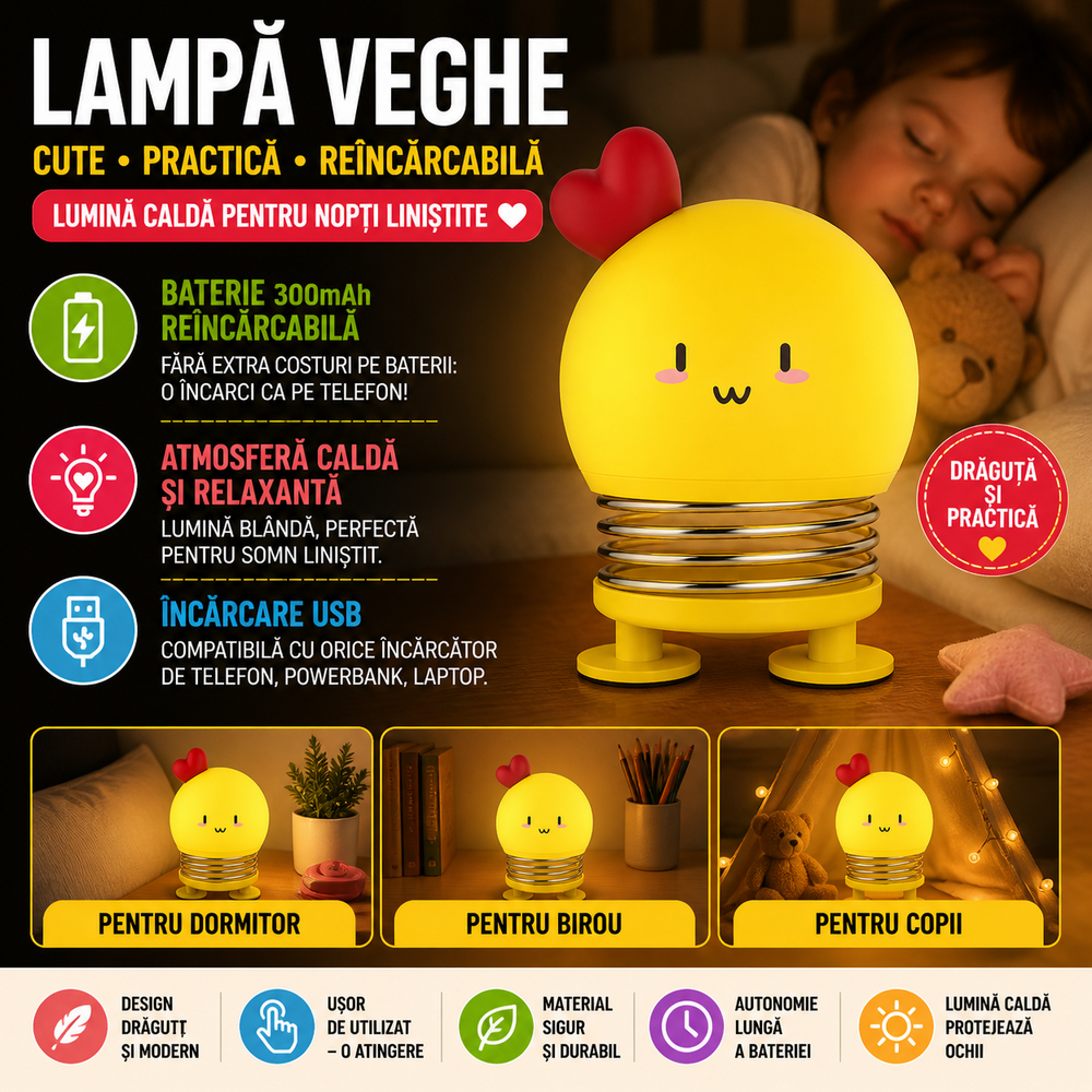 SMARTECH Lampa de noapte, de veghe, pentru copii sau bebelusi, Portabila, Baterie Reincarcabila  300mAh, Galben