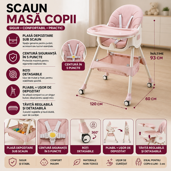 Scaun de Masa pentru Bebelusi si Copii, Varsta 6-72 luni, Inaltime Ajustabila, Centura de Siguranta in 5 Puncte, Tavita Reglabila si Detasabila, Roti Detasabile, Roz