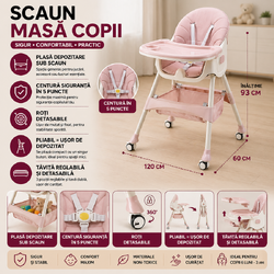 Scaun de Masa pentru Bebelusi si Copii, Varsta 6-72 luni, Inaltime Ajustabila, Centura de Siguranta in 5 Puncte, Tavita Reglabila si Detasabila, Roti Detasabile, Roz