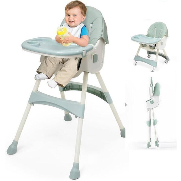 Scaun de Masa pentru Bebelusi si Copii, Varsta 6-72 luni, Inaltime Ajustabila, Centura de Siguranta in 5 Puncte, Tavita Reglabila si Detasabila, Roti Detasabile, Bleu