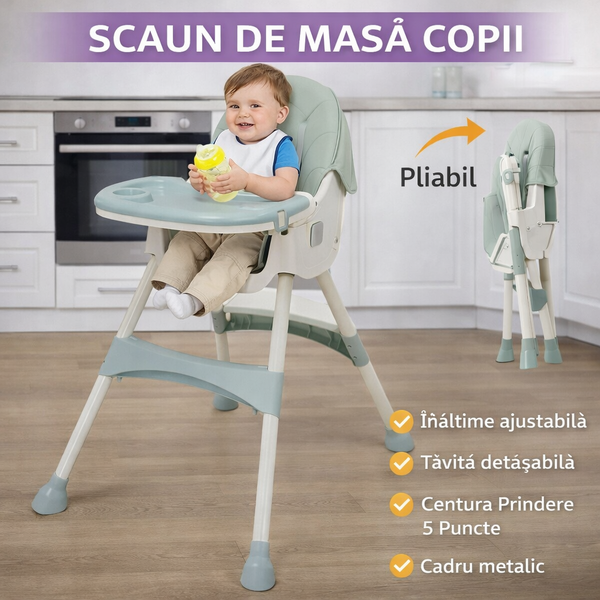 Scaun de Masa pentru Bebelusi si Copii, Varsta 6-72 luni, Inaltime Ajustabila, Centura de Siguranta in 5 Puncte, Tavita Reglabila si Detasabila, Roti Detasabile, Bleu