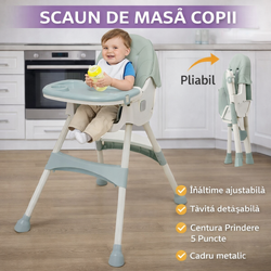 Scaun de Masa pentru Bebelusi si Copii, Varsta 6-72 luni, Inaltime Ajustabila, Centura de Siguranta in 5 Puncte, Tavita Reglabila si Detasabila, Roti Detasabile, Bleu