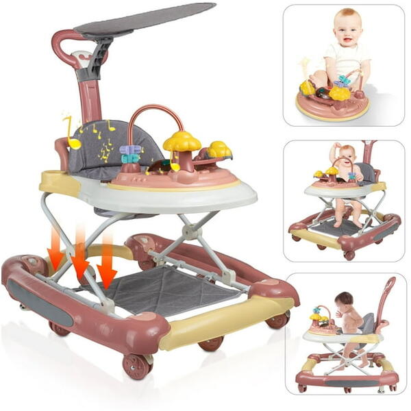 Premergator copii 6in1, Pliabil, Reglabil, Convertibil, Antepremergator, Tavita mancare, Copertina, Muzica, 5 trepte viteza, Jocuri, Sistem Franare, Roz