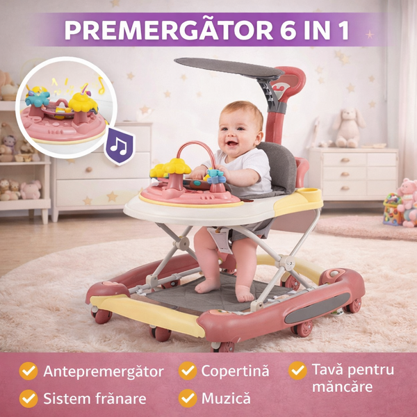 Premergator copii 6in1, Pliabil, Reglabil, Convertibil, Antepremergator, Tavita mancare, Copertina, Muzica, 5 trepte viteza, Jocuri, Sistem Franare, Roz