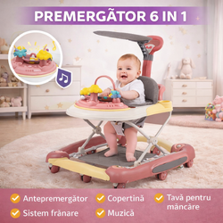 Premergator copii 6in1, Pliabil, Reglabil, Convertibil, Antepremergator, Tavita mancare, Copertina, Muzica, 5 trepte viteza, Jocuri, Sistem Franare, Roz