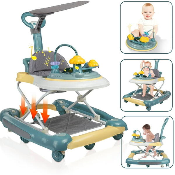 Premergator copii 6in1, Pliabil, Reglabil, Convertibil, Antepremergator, Tavita mancare, Copertina, Muzica, 5 trepte viteza, Jocuri, Sistem Franare, Albastru