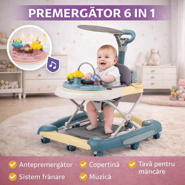 Premergator copii 6in1, Pliabil, Reglabil, Convertibil, Antepremergator, Tavita mancare, Copertina, Muzica, 5 trepte viteza, Jocuri, Sistem Franare, Albastru