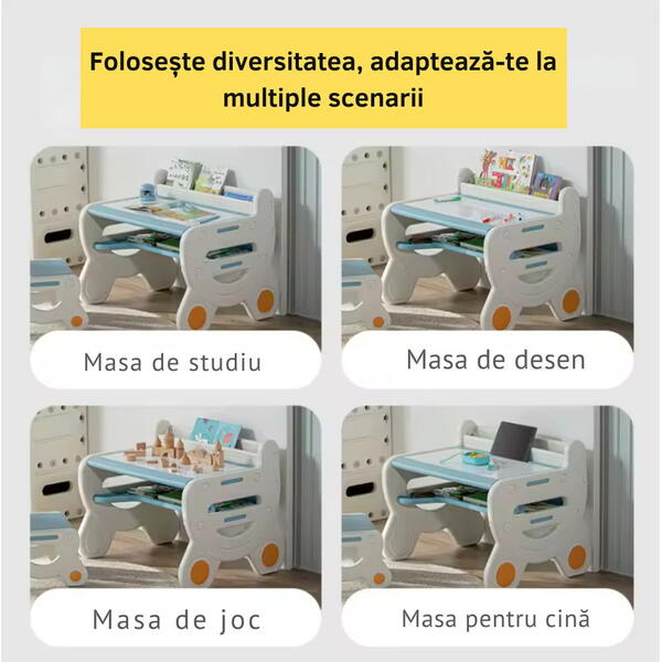 Masa de lucru tip birou pentru copii, cu scaun si plansa de colorat tip tabla, etajera depozitare, markere si burete de sters