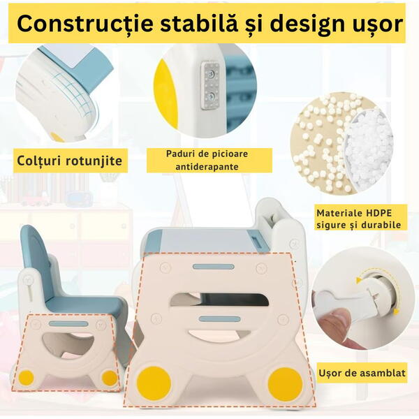 Masa de lucru tip birou pentru copii, cu scaun si plansa de colorat tip tabla, etajera depozitare, markere si burete de sters