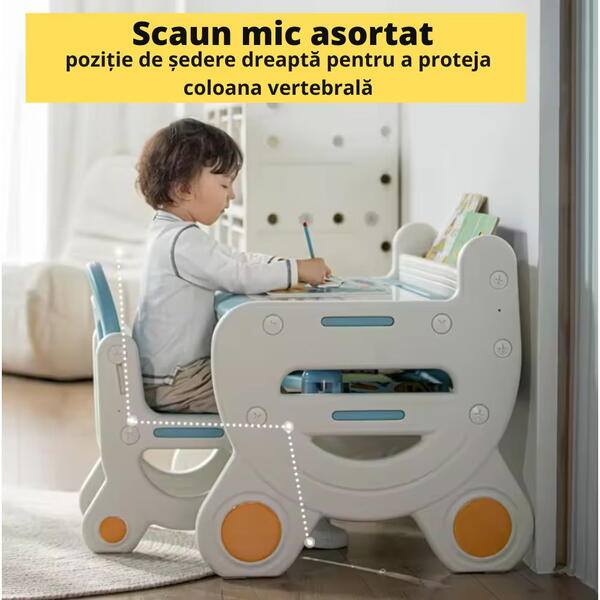 Masa de lucru tip birou pentru copii, cu scaun si plansa de colorat tip tabla, etajera depozitare, markere si burete de sters