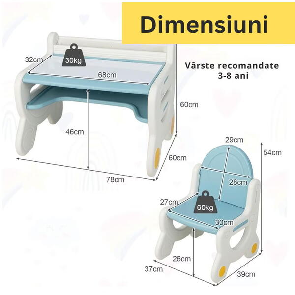 Masa de lucru tip birou pentru copii, cu scaun si plansa de colorat tip tabla, etajera depozitare, markere si burete de sters