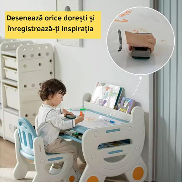 Masa de lucru tip birou pentru copii, cu scaun si plansa de colorat tip tabla, etajera depozitare, markere si burete de sters
