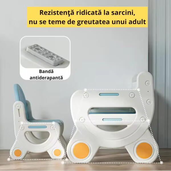 Masa de lucru tip birou pentru copii, cu scaun si plansa de colorat tip tabla, etajera depozitare, markere si burete de sters
