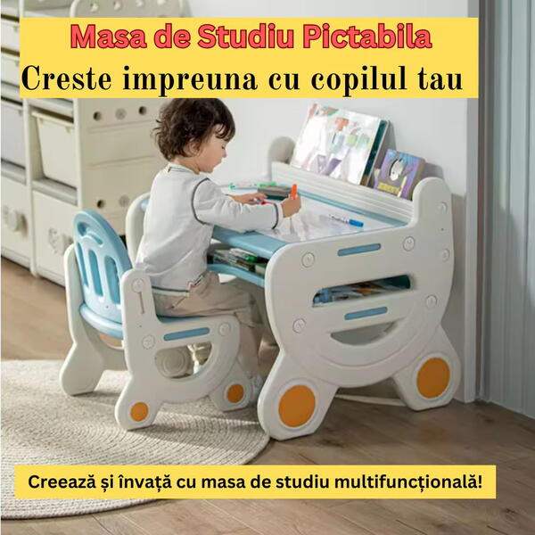 Masa de lucru tip birou pentru copii, cu scaun si plansa de colorat tip tabla, etajera depozitare, markere si burete de sters