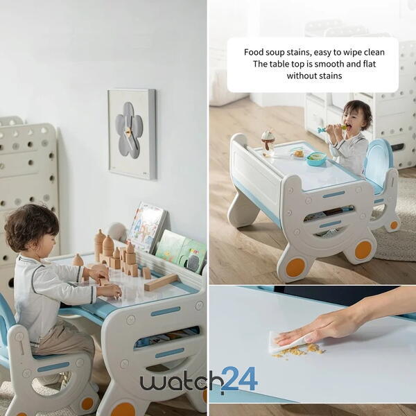 Masa de lucru tip birou pentru copii, cu scaun si plansa de colorat tip tabla, etajera depozitare, markere si burete de sters