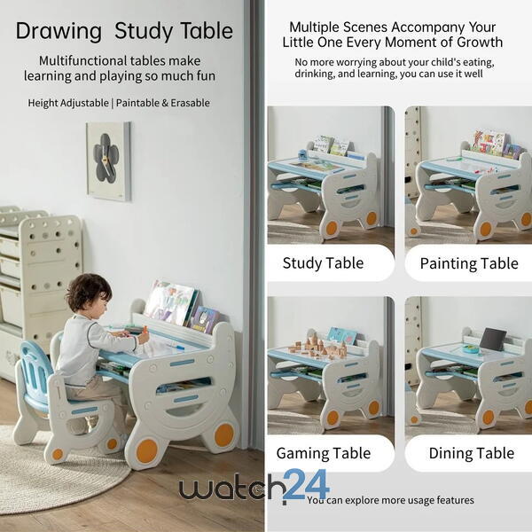 Masa de lucru tip birou pentru copii, cu scaun si plansa de colorat tip tabla, etajera depozitare, markere si burete de sters