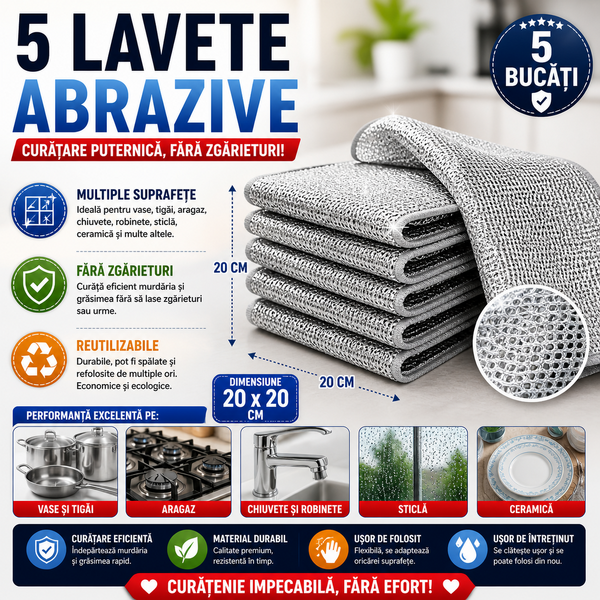 Lavete multifuncționale din microfibra metalica, 20x20cm, Set 5 buc