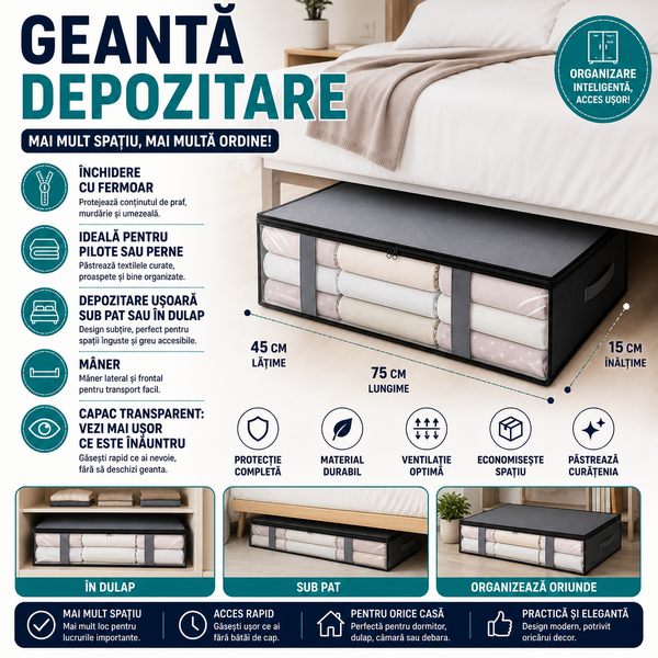 Geanta depozitare haine sub pat, Inchidere cu fermoar, Rezistent la praf si umiditate, Durabil, Respirabil, Usor de pliat si curatat, 60*45*15cm, Negru