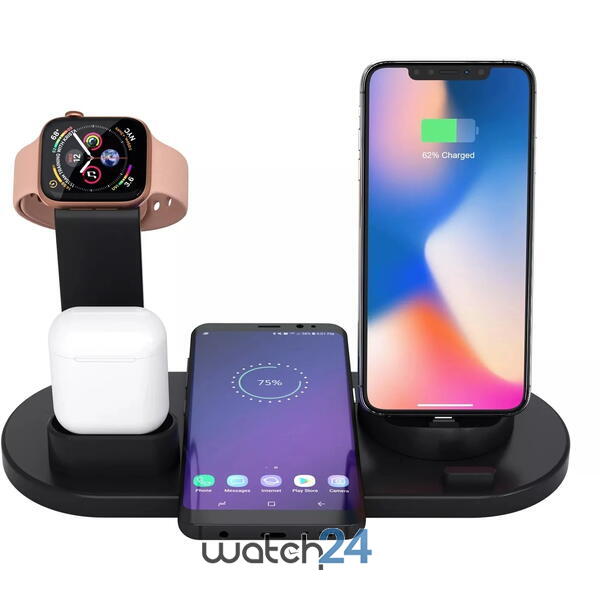 Statie de Incarcare Universala 3 in 1 Wireless QC 10W, Incarcare SmartWatch, Casti, Telefon, 3 Tipuri de Mufe pentru Diverse Dispozitive, Suport Incarcator Ceas cu Mufa Alimentare, Compatibil cu Diferite Modele de Gadgeturi, Negru