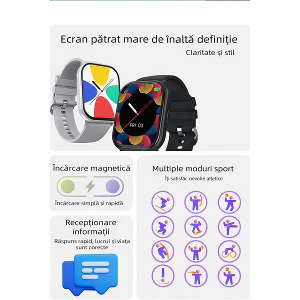 SmartWatch cu Apel Bluetooth, Calculator, Jocuri, Alarma, Monitorizare Somn, Calorii, Moduri Sport, Distanta, Pasi, Ritm Cardiac, Nivel Oxigen, Tensiune Arteriala S711