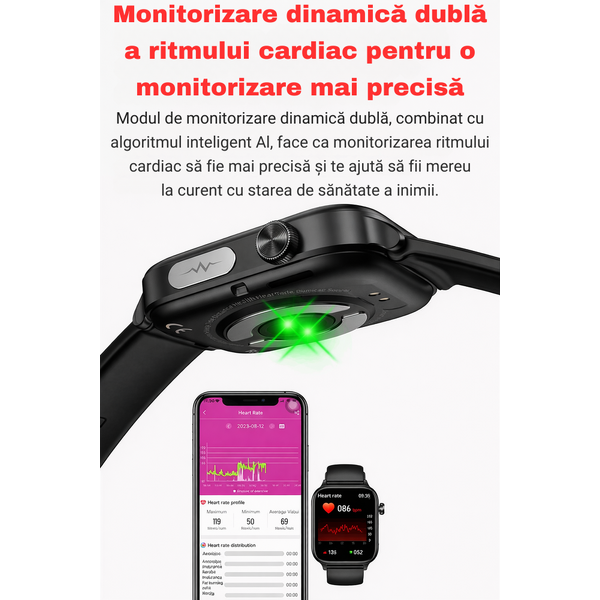 SmartWatch cu Apel Bluetooth, Glucometru, Analiza Impedantei Bioelectrice, EKG, HRV, Temperatura Corporala, Ritm Cardiac, Nivel Oxigen, Tensiune Arteriala S725