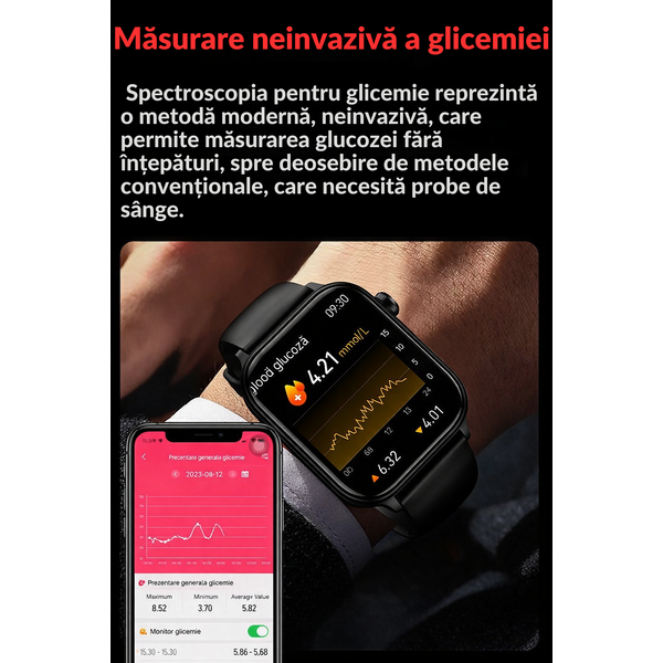 SmartWatch cu Apel Bluetooth, Glucometru, Analiza Impedantei Bioelectrice, EKG, HRV, Temperatura Corporala, Ritm Cardiac, Nivel Oxigen, Tensiune Arteriala S725