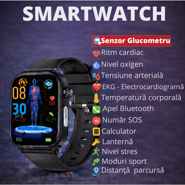 SmartWatch cu Apel Bluetooth, Glucometru, Analiza Impedantei Bioelectrice, EKG, HRV, Temperatura Corporala, Ritm Cardiac, Nivel Oxigen, Tensiune Arteriala S725