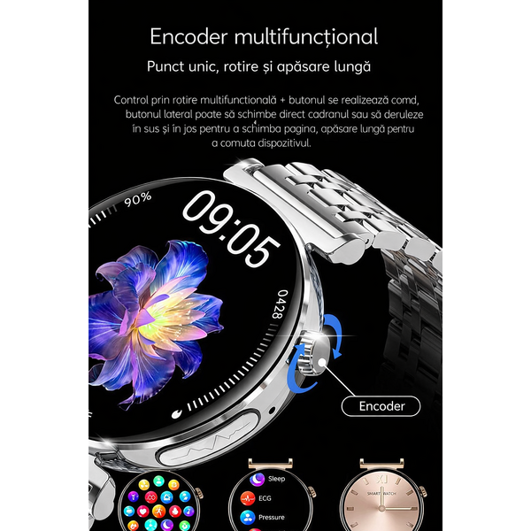 SmartWatch cu Apel Bluetooth, Glucometru, Analiza Impedantei Bioelectrice, EKG, HRV, Ciclu Menstrual, Nivel Radiatii, Temperatura Corporala, Ritm Cardiac, Nivel Oxigen, Tensiune Arteriala S764