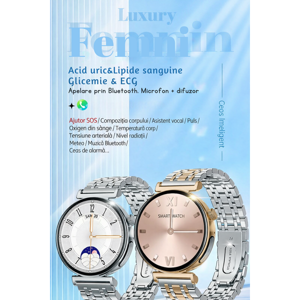 SmartWatch cu Apel Bluetooth, Glucometru, Analiza Impedantei Bioelectrice, EKG, HRV, Ciclu Menstrual, Nivel Radiatii, Temperatura Corporala, Ritm Cardiac, Nivel Oxigen, Tensiune Arteriala S764