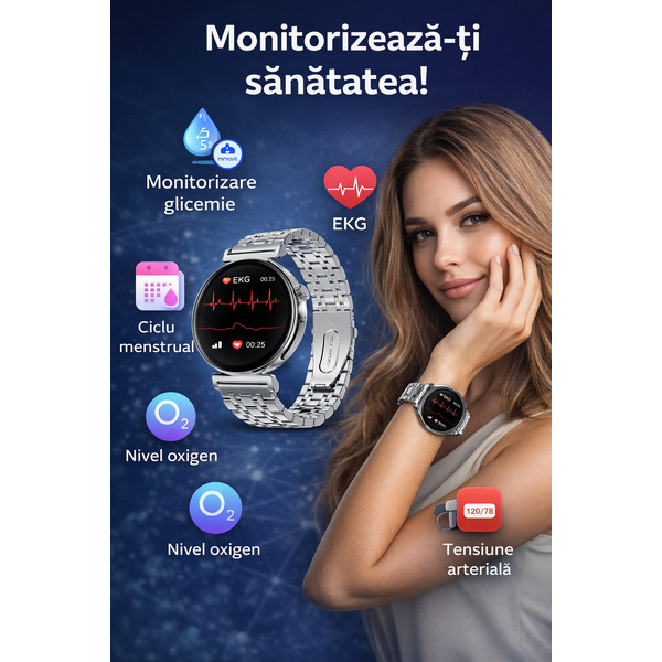 SmartWatch cu Apel Bluetooth, Glucometru, Analiza Impedantei Bioelectrice, EKG, HRV, Ciclu Menstrual, Nivel Radiatii, Temperatura Corporala, Ritm Cardiac, Nivel Oxigen, Tensiune Arteriala S764