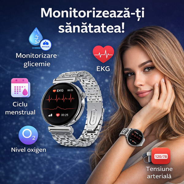 SmartWatch cu Apel Bluetooth, Glucometru, Analiza Impedantei Bioelectrice, EKG, HRV, Ciclu Menstrual, Nivel Radiatii, Temperatura Corporala, Ritm Cardiac, Nivel Oxigen, Tensiune Arteriala S764