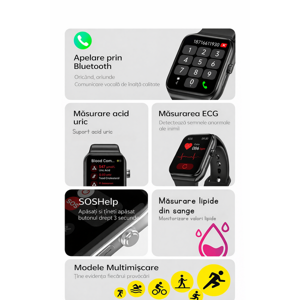SmartWatch cu Apel Bluetooth, Senzor Glucometru, Analiza Impedantei Bioelectrice, EKG, HRV, Nivel Radiatii,  Temperatura Corporala, Ritm Cardiac, Nivel Oxigen, Tensiune Arteriala S777