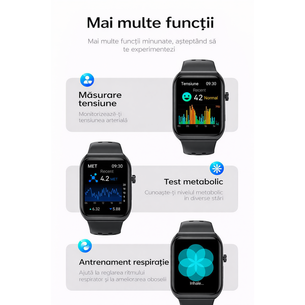 SmartWatch cu Apel Bluetooth, Senzor Glucometru, Analiza Impedantei Bioelectrice, EKG, HRV, Nivel Radiatii,  Temperatura Corporala, Ritm Cardiac, Nivel Oxigen, Tensiune Arteriala S777