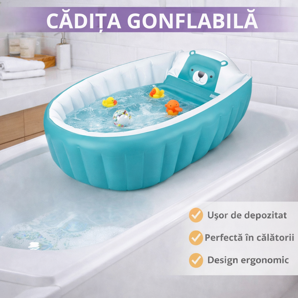 SMARTECH Cadita gonflabila pentru bebelusi si copii, Design Ergonomic, 6 luni - 5 ani, Portabila, Pliabila, Mini piscina de calatorie, Bleu